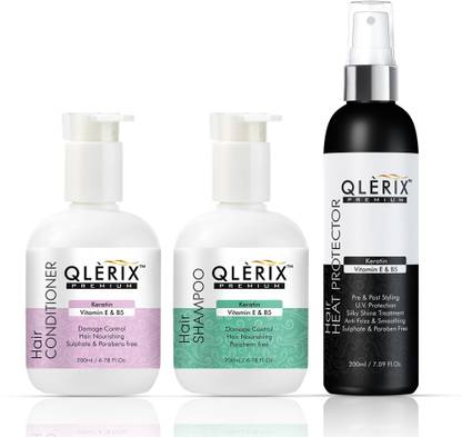 QLERIX Premium keratin with vitamin E & B5 shampoo conditioner and heat protector combo