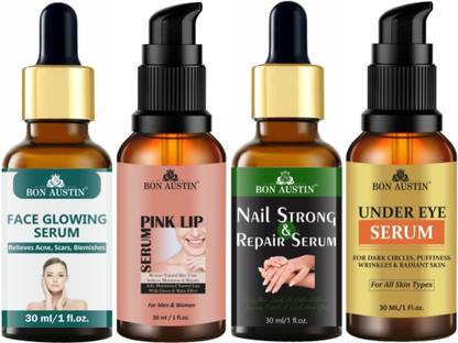 Bon Austin Face Glowing Serum, Pink Lip Serum, Nail Strong Serum & Under Eye Serum Combo Pack (Each,30ml)