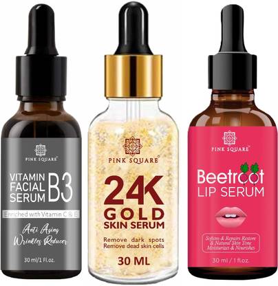 Pink Square Vitamin B3 Face Serum, 24K Gold Facial Serum & Beetroot Lip Serum (Each,30ml)