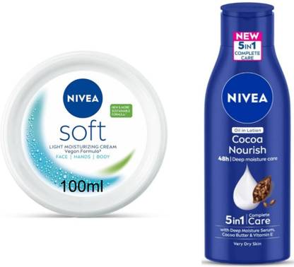 NIVEA Cocoa Nourish Lotion 200ml & Soft Light Moisturizer Cream 100ml (Pack of 2)