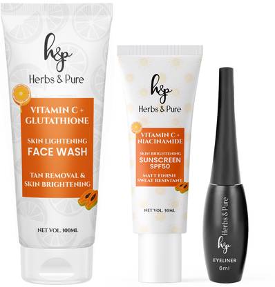 Herbs and Pure Everyday Kit Vitamin C Face Wash 100ml, SPF50 Sunscreen 50ml, Black Eyeliner 6ml