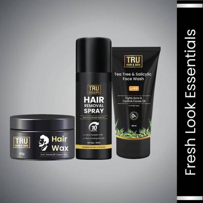 TRU HAIR & SKIN 3-Piece Set: Hair Removal Spray 50ml, Hair Wax 50gm & Tea Tree Face Wash 100ml - Essential Grooming Kit