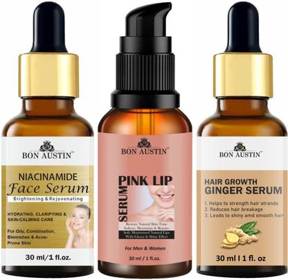Bon Austin Niacinamide Face Serum & Pink Lip Serum & Hair Growth Ginger Serum (Each,30ml) Combo Pack