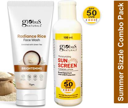 Globus Naturals Summer Sizzle Set - Sunscreen Lotion SPF 50++ 100 ml & Radiance Rice Face Wash 75 gm