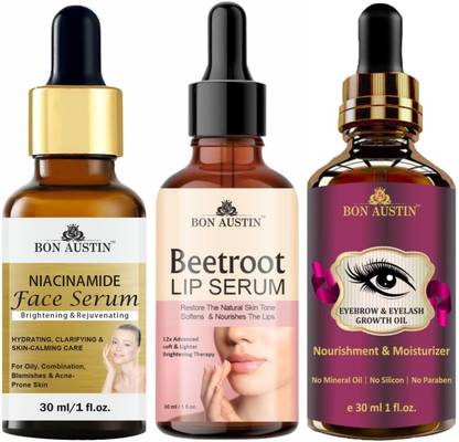 Bon Austin Niacinamide Face Serum & Beetroot Lip Serum & Eyebrow Growth Oil (Each,30ml) Combo Pack