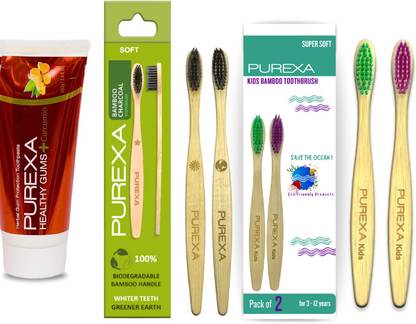 PUREXA Combo Pack of 1 Healthy Gums Toothpaste & 2 Bamboo Charcoal Toothbrush & 2 Kids Bamboo Toothbrush Extra Soft Tooth brush