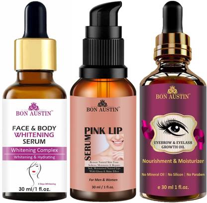 Bon Austin Face and Body Whitening Serum & Pink Lip Serum & Eyebrow and Eyelash Growth Oil (Each,30ml)