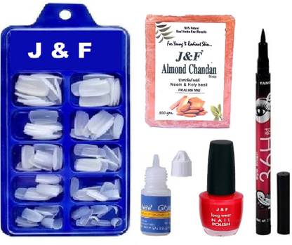 HINSHITSHU Artificial Nails With Glue & Red Nail Paint ,36 Hours Eyeliner , Chandan Soap