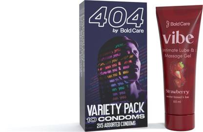 Bold Care 404 Ultra Thin Variety Condoms(10 Sheets) with Strawberry Flavored Lubricant(50ml)