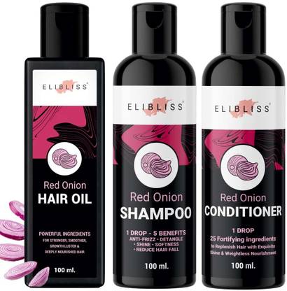 ELIBLISS Anti Hair Fall Spa Range with Red Onion Hair Oil + Red Onion Shampoo + Red Onion Conditioner for Hair Fall Control, Ultimate Hair Care Combo Kit (100ml+100ml+100ml)