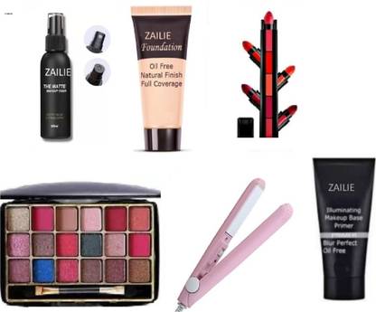 Zailie 18 Colors Eyeshadow, 5 in 1 Lipstick ,primer ,Foundation ,Fixer Mini Straightener