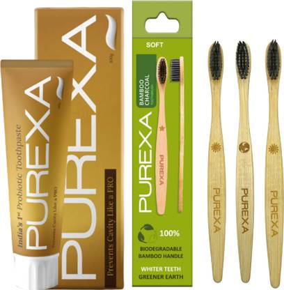 PUREXA Probiotic Toothpaste & Three Bamboo Charcoal Toothbrush Combo Pack
