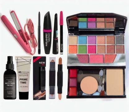 mkldsrh 6155 make up kit with hair straightener with contour stick primer fixer kajal eyeliner mascara for face make up kit