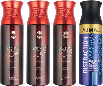Ajmal 3 Sacred Love and 1 Distraction Deodorants each 200ML Pack of 4.