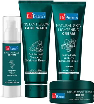 Dr Batra’s Skin Fairness Serum – 50 G, Face Wash Instant Glow – 100 gm,Natural Skin Lightening Cream – 100 gm and Intense Moisturizing Cream -100 G (Pack of 4)  (4 Items in the set)
