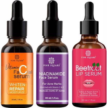 Pink Square Vitamin C Face Serum, Niacinamide face Serum & Beetroot Lip Serum (Each,30ml)