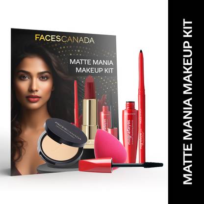 FACES CANADA Matte Mania Makeup Kit - Kajal + Lipstick + Compact + Mascara + Beauty Blender