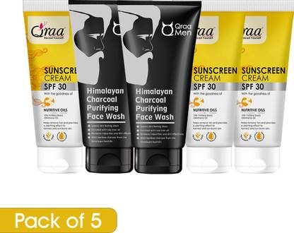Qraa Sunscreen Cream SPF 30 PA++++ 150gm With Himalayan Charcoal Face Wash 200gm |Helps Remove Tan