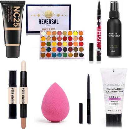 INDIANA HUDA Primer,Fixer,Foundation Tube,Contour Stick,Blender Puff,Kajal,36H Eyeliner & 40 Multishade Reversal Eyeshadow Palette