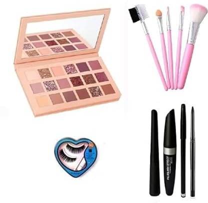 Geggsa Nude 18 Color Eyeshadow Palette + 5 pcs Makeup Brush + Eyeliner Maskara Eyebrow Pencil Or kajal & Eyelesh Kit