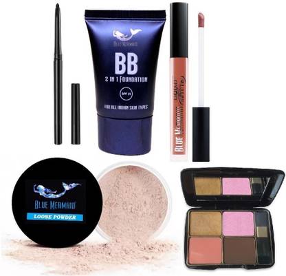 BLUEMERMAID NEW COMBO KIT BLUSHER PALLET BLACK CRAYON KAJAL BB FOUNDATION LIPSTICK & LOOSE POWDER
