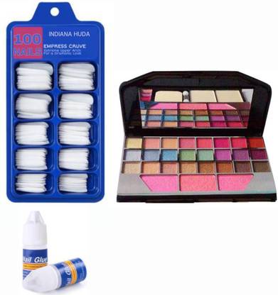 INDIANA HUDA 100 Pcs Reusable Acrylic False Nails With Nail Glue & 6155 Eyesdaow Palette