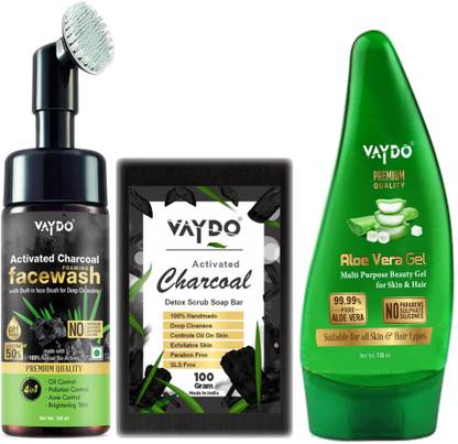 vaydo aloe vera gel for clear skin + charcoal face wash for Deep Cleansing – Brightening skin + charcoal soap for bright skin