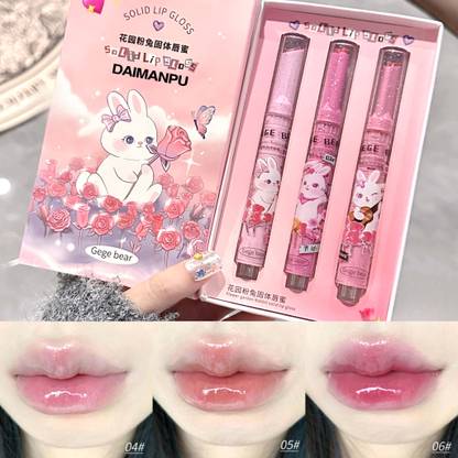 DAIMANPU 3in1 Matte Lipstick Combo Set Gege Bear, Korean Lipstick, K Beauty Glossy Lipstick Heart Shaped
