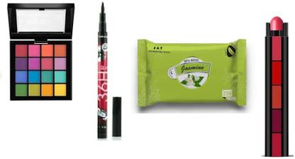 J & F 16 color Eyeshadow With 36 h Eyeliner , Jasmine Refreshing Wipes And 5 in 1 Lipstick