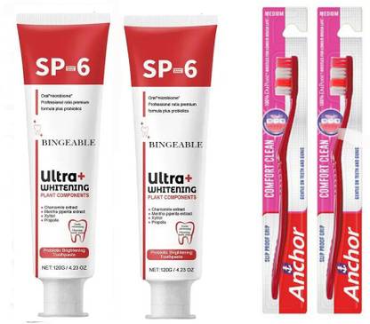 Bingeable Sp-4 Ultra Whitening Toothpaste: Natural & Effective Teeth 30Gram (Pack of 2) + Oral Tooth Brush for Men & Women (Pack of 2)