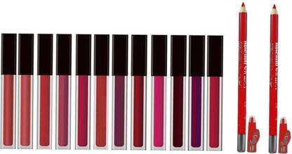 Yuvami's Professional 12 Pcs Waterproof & Smudge Proof Liquid Lipsticks With 2 Pcs Red Lip Liners