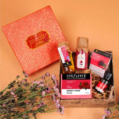 Soulflower Rose Try Me Gift Set, Men & Women, Bath & Body Spa Gift Hamper Box, Skincare Kit
