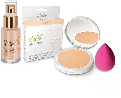 Iba Pure Skin Perfect Look Long-Wear Mattifying Compact (Fair Pearl) + Liquid Foundation (Ivory Fair) Combo + FREE Beauty Blender