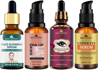 Bon Austin Face Glowing Serum, Pink Lip Serum, Eyebrow Growth Oil & Under Eye Serum Combo Pack (Each, 30ml)