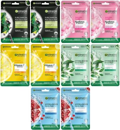 GARNIER Skin Naturals Face Serum Sheet Mask Pack of 10 (2 each of Light ...