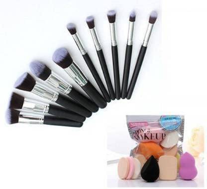 COLOR NEXT 10 Piece Premium Makeup Brushes Set , Black + 6 Piece Makeup Sponges