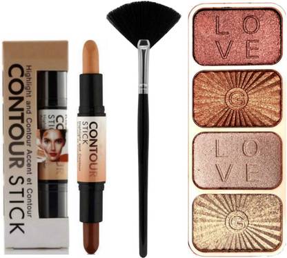 LOVE HUDA Waterproof Face Makeup Combo Set HD Highlighter Palette, Contour Concealer Stick & Fan Brush