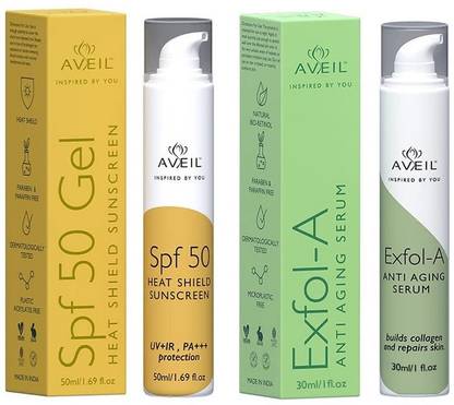 Aveil Exfol-A Anti Aging Face Serum 30 ml & Heat Shield SPF 50 Gel Sunscreen Combo