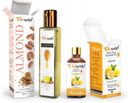 GO WOO Pack of 2 Lemon Essential Oil and Almond Carrier Oil - 100% Pure & Natural Oil For Healthy Skin , Hair and Body