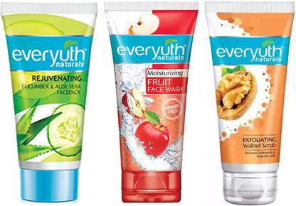 Everyuth Naturals Cucumber & Aloe Vera Face Pack (50g), Fruit Face Wash (50g), Walnut Scrub (50g)
