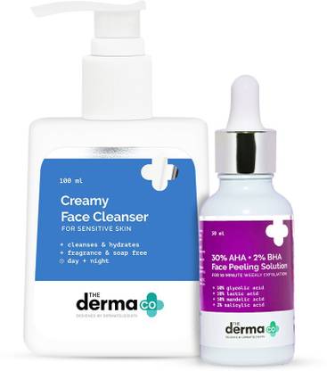 The Derma Co AHA BHA Glow Combo - 30% AHA + 2% BHA Face Peeling Solution (30 ml) + Creamy Face Cleanser (100 ml)