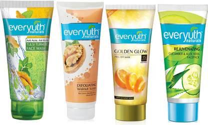 Everyuth Naturals Tulsi Turmeric Face Wash + Scrub + Peel Off Mask + Cucumber & Aloevera Face Pack (4X50g)