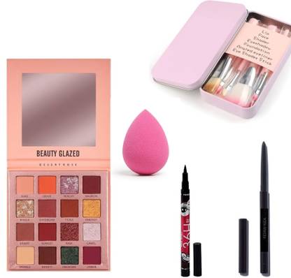 INDIANA HUDA 16 Color Desert Rose Eyeshadow Maleup Palette,Makeup Sponges Puff,7 Pcs Brush With Storage Box& Black Kajal& 36H Eyeliner
