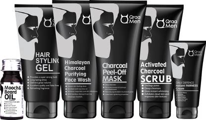 Qraa Men Charcoal Kit-Scrub,Face wash,Peel-off Mask,Hair Styling Gel,Daily Defence Fairness Cream,Mooch Oil | Pack of 6