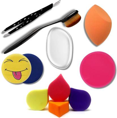 Out Of Box Tool Combo Includes Slant-Pointed Tip Tweezer, Oval Makeup Brush, Emoji Puff, Silicone Blender, Blender, Big Puff, 4 Sponge Puff