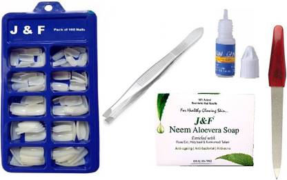 Zailie Fake Nails with Glue , Plucker , Nail Filer , Neem Aloevera Soap