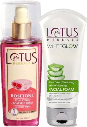 LOTUS Herbals Combo ( ROSETONE Rose Petals Facial Skin Toner_100 ml + Whitening Facial Foam_100 gm )