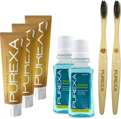 PUREXA Three Probiotic Toothpaste Two Antioxidant Mouthrinse & Two Bamboo Charcoal Soft Toothbrush Combo Pack