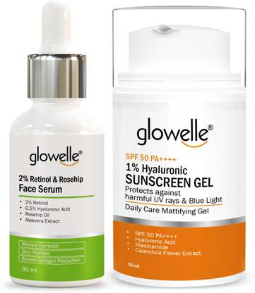 glowelle 2% Retinol & Rosehip Oil face serum and sunscreen SPF 50 for Daily Care for Men and Women