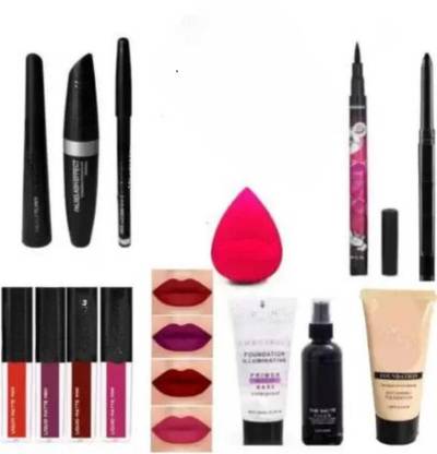 mkldsrh waterproof liquid lipstick with primer fixer foundation & 36 h eyeliner with kajal eyeliner mascara for face make up kit combo